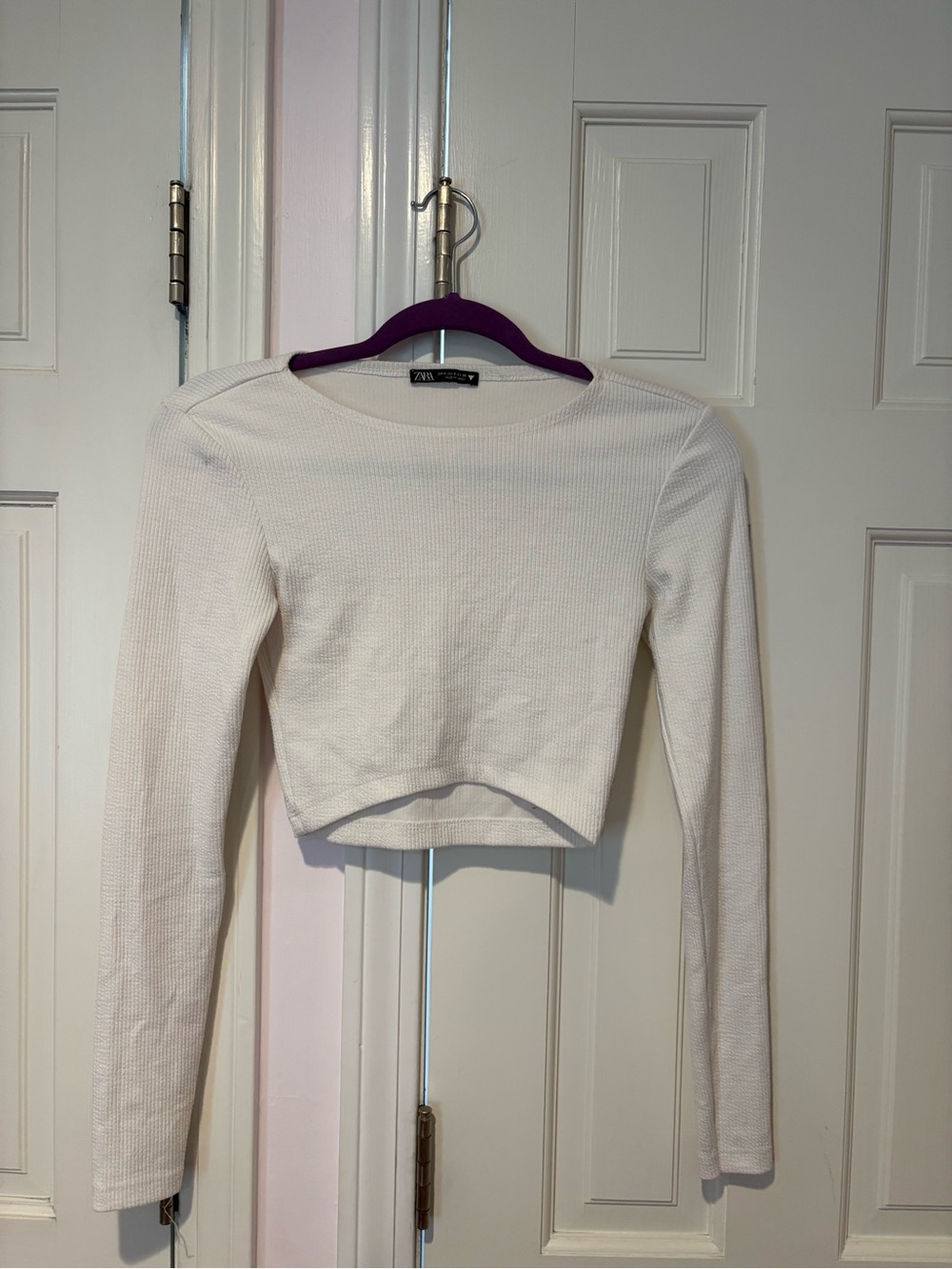 Zara White Long-Sleeve Ribbed Crop Top